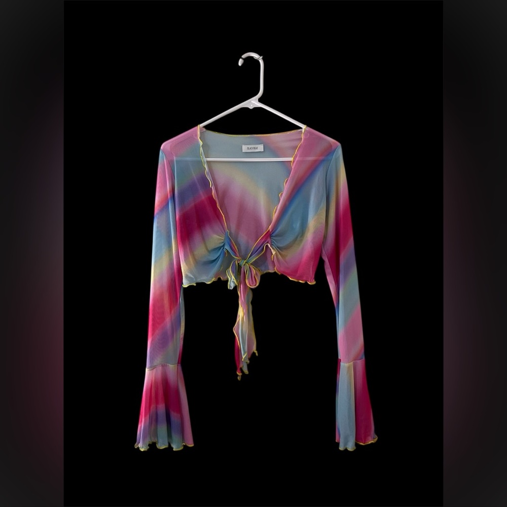Rainbow Tie-Front Mesh Crop Top 13 inches length 27 inches arms length